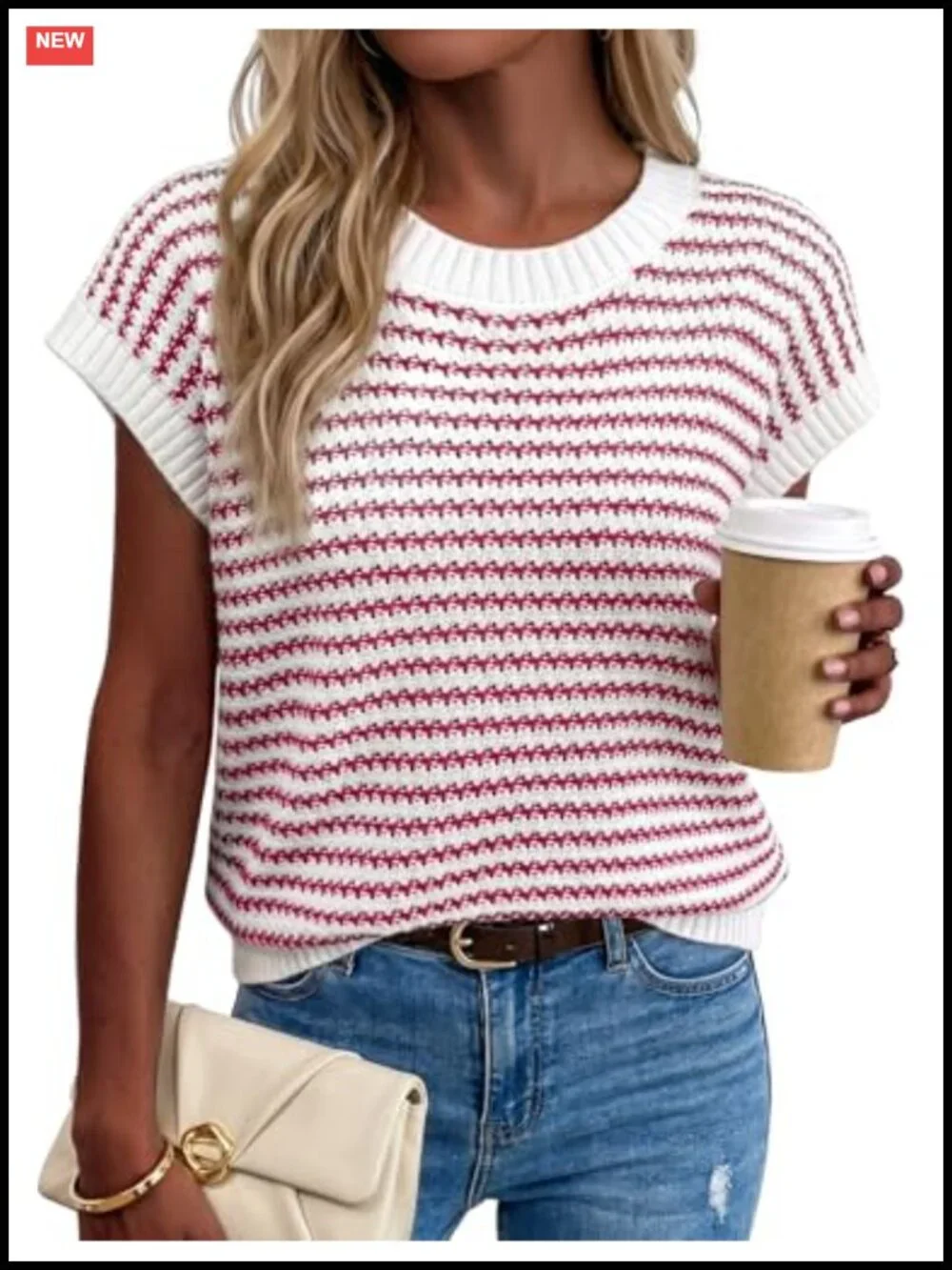 Lightweight Knit Striped Short Sleeve Sweater Vest